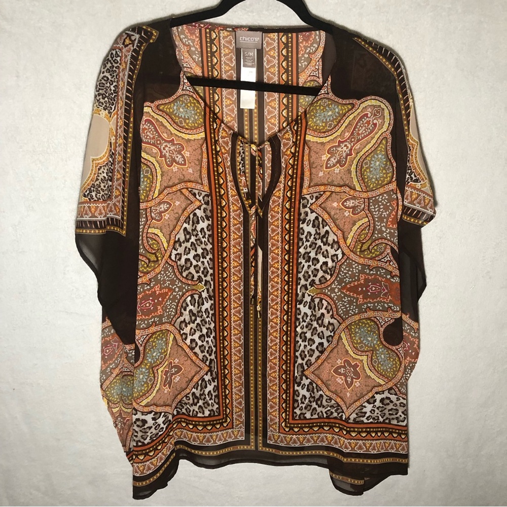 CHICO’S Sz S/M Colorful Art To Wear shear KAFTAN TOP Kimono Women’s